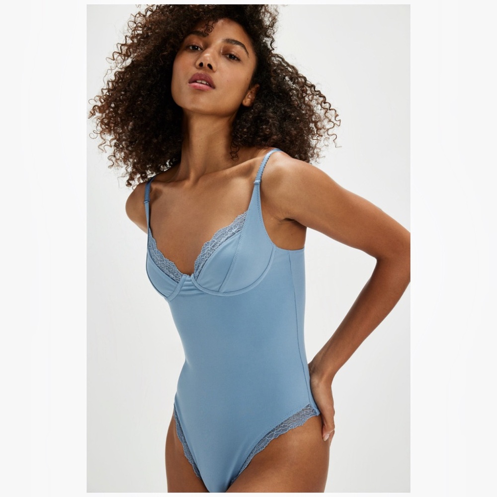 Free People Somewhere Sometime Bodysuit Faded Denim NWT